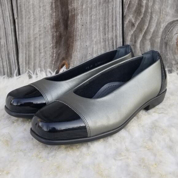 Square Toe Flats SAS Coco Size 6.5 Graphite Two Tone Grey Black Leather Cap Toe - Picture 5 of 14